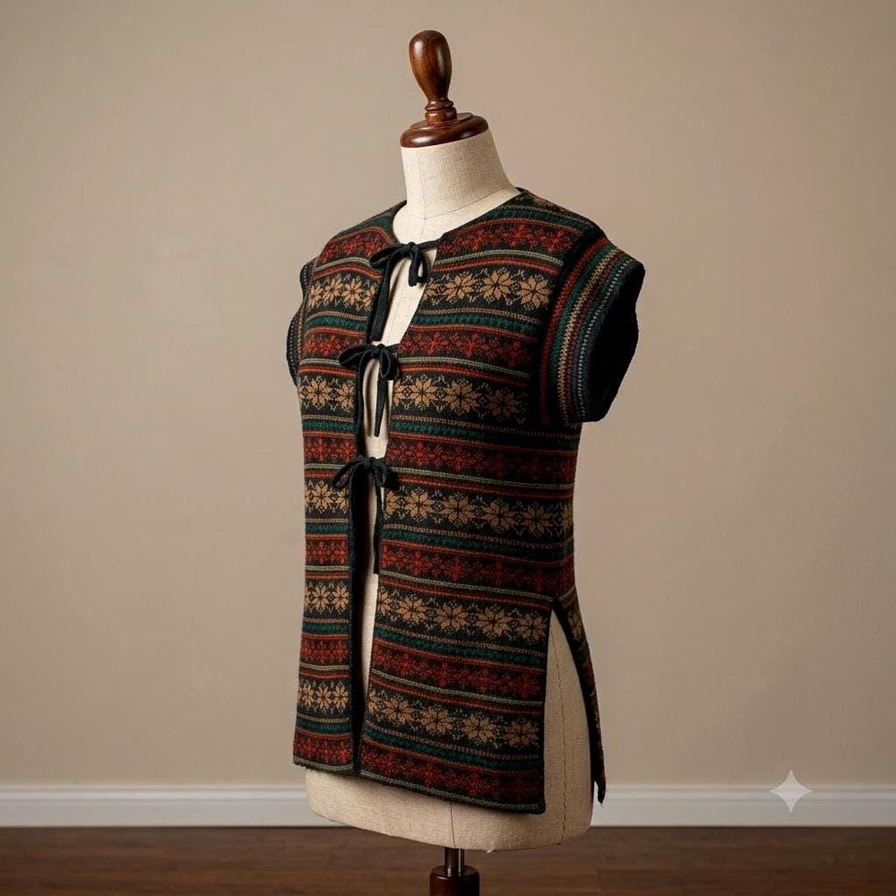 Vintage 70s Fair Isle Knit Cardigan Vest Tie Front Boho Hippie Folk Sweater